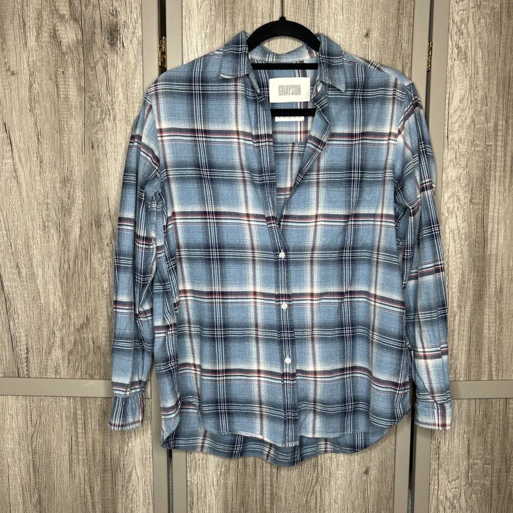 Grayson The Hero Plaid Shirt V Neck Preppy Long Sleeve Blue